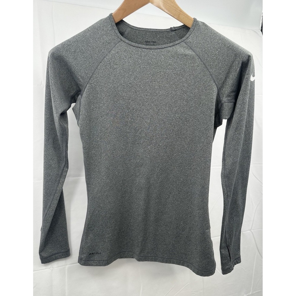 Nike Pro Dri-Fit Womens Long Sleeve T-Shirt Heather Gray Thumb Holes Size S Logo